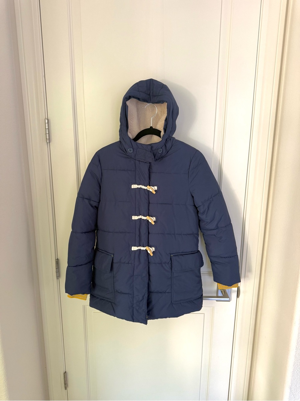Mini Boden Girls Duffle Toggle Navy & Yellow Sherpa Lined Winter Coat Sz 11-12Y